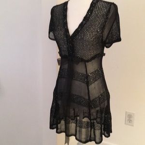 V-neck black and silver knit mini dress